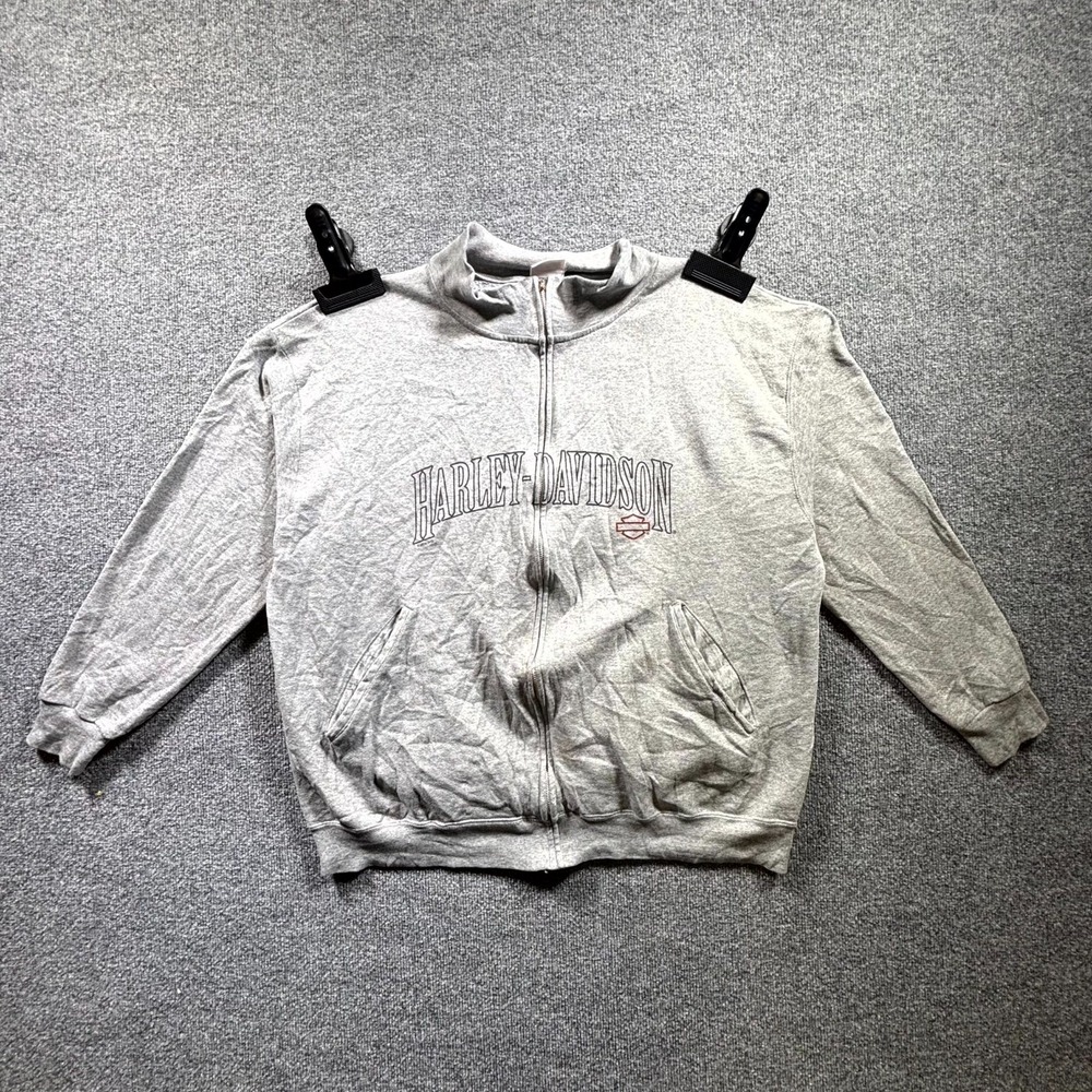 Vintage Harley Davidson Jacket Sweater Mens 2XL Gray Fleece Full Zip Biker Logo